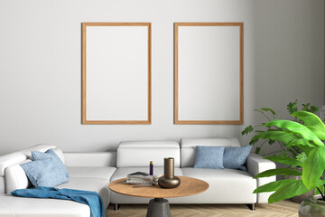 Two vertical blank posters mock up on white wall in interior of contemporary living room.