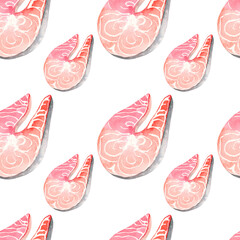 Watercolor seamless pattern. Salmon pieces on white background. Watercolor salmon, mediterranean foods.