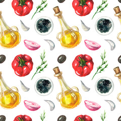 Mediterranean food on a white background. Red pepper, olive oil, garlic, onion, caviar, herbs, olives. Seamless watercolor food pattern.