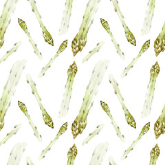 Seamless watercolor pattern with green pods asparagus on a white background. Vegan print. Mediterranean Kitchen. Handmade watercolor graphics.