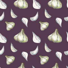 Print with garlic on a purple background. Seamless watercolor pattern. Background for scrapbooking. Vegan pattern for kitchen and cafe.