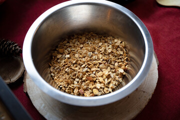  Homemade granola with milk for breakfast top view