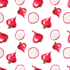 Radish pink and sliced radish on a white background. 
Seamless watercolor pattern. Vegan print for kitchens and cafes.