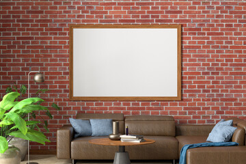 Horizontal blank poster mock up on red brick wall in interior of industrial style living room.