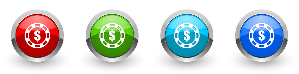 Casino chip silver metallic glossy icons, set of modern design buttons for web, internet and mobile applications in four colors options isolated on white background