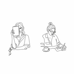 One continuous line drawing of young serious female worker sitting pensively while watching laptop screen at work desk. Business analyze concept. Single line draw graphic design vector illustration