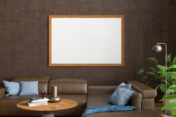 Horizontal blank poster mock up on brown wall in interior of contemporary living room.