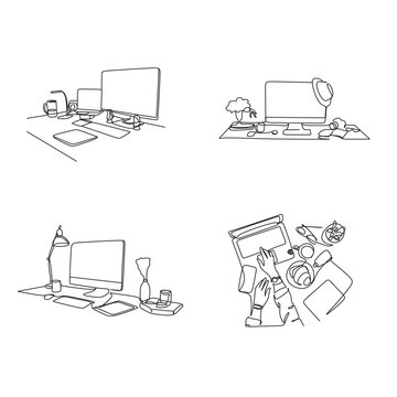 One continuous line drawing of young serious female worker sitting pensively while watching laptop screen at work desk. Business analyze concept. Single line draw graphic design vector illustration