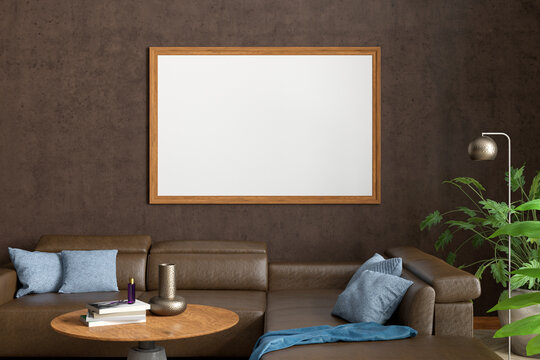 Horizontal blank poster mock up on brown wall in interior of contemporary living room.