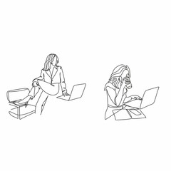 One continuous line drawing of young serious female worker sitting pensively while watching laptop screen at work desk. Business analyze concept. Single line draw graphic design vector illustration