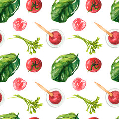 Seamless watercolor pattern. Tomato sauce, tomatoes, herbs and spinach. Vegan print for kitchens and cafes. Organic vegetables on a white background.