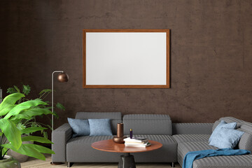 Horizontal blank poster mock up on brown wall in interior of contemporary living room.