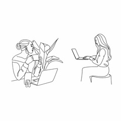 One continuous line drawing of young serious female worker sitting pensively while watching laptop screen at work desk. Business analyze concept. Single line draw graphic design vector illustration