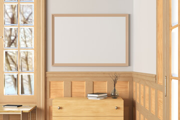 Horizontal blank poster mock up on white wall in interior of traditional style living room.