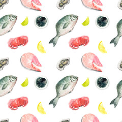 Mediterranean Kitchen. Seamless watercolor pattern. Seafood print for cafes and kitchens. Crab, fish, salmon slice, oysters, caviar and lemon. Healthy and organic food.