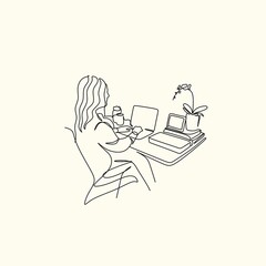 One continuous line drawing of young serious female worker sitting pensively while watching laptop screen at work desk. Business analyze concept. Single line draw graphic design vector illustration