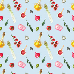 Print with healthy organic products. Seamless watercolor pattern. Mediterranean Kitchen. Tomatoes, asparagus, olive oil, onions, radishes, garlic, olives, tomato sauce and rosemary.