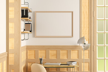 Horizontal blank poster mock up on white wall in interior of traditional style living room.