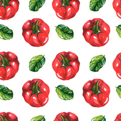 Red bell pepper and spinach on a white background. Seamless watercolor pattern with vegetables. Print for kitchen and cafe.