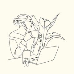 One continuous line drawing of young serious female worker sitting pensively while watching laptop screen at work desk. Business analyze concept. Single line draw graphic design vector illustration