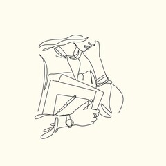 One continuous line drawing of young serious female worker sitting pensively while watching laptop screen at work desk. Business analyze concept. Single line draw graphic design vector illustration