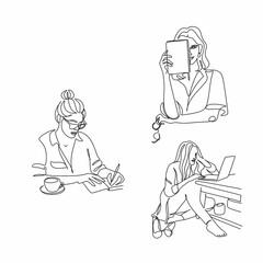 One continuous line drawing of young serious female worker sitting pensively while watching laptop screen at work desk. Business analyze concept. Single line draw graphic design vector illustration