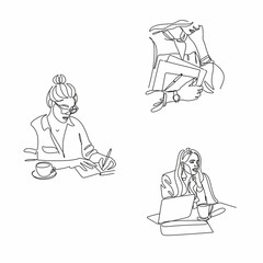 One continuous line drawing of young serious female worker sitting pensively while watching laptop screen at work desk. Business analyze concept. Single line draw graphic design vector illustration