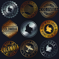Naklejka premium Colombia Business Metal Stamps. Gold Made In Product Seal. National Logo Icon. Symbol Design Insignia Country.