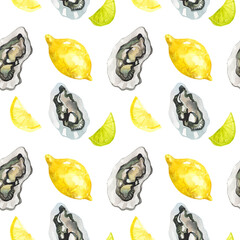 Seamless watercolor pattern with oysters and lemons on a white background. Mediterranean Kitchen. Seafood print.