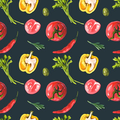 Pattern with vegetables on a green background. Seamless watercolor print. Tomatoes, red chili, yellow bell pepper, parsley, olives and rosemary.