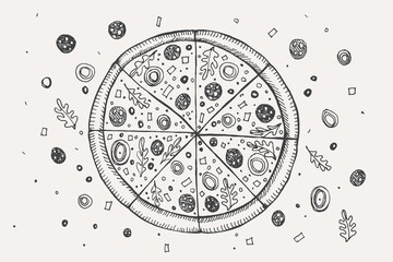 Hand-drawn whole pizza with flying ingredients. Delicious filling made of cheese, pepperoni, olives, and vegetables. Element for design, packaging for cafes, restaurants. Illustration vector.