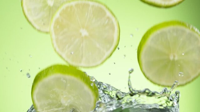 Super slow motion of falling lime slices into splashing water. Filmed on high speed cinema camera, 1000 fps.