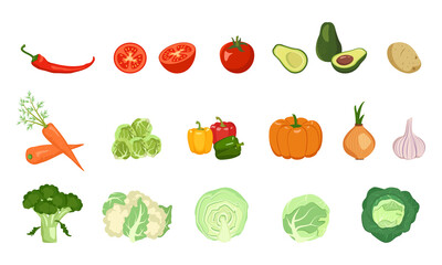 Vegetables icons set. Vegetarian food group. A source of vitamins and minerals. Healthy lifestyle. Harvest collection