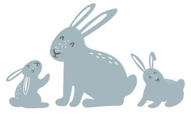 Cute Rabbits family Bunny mom with baby hares simple doodle illustration for kids in Scandinavian style vector 