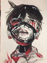 The young brunette had blood flowing from her eyes, red drops on her white shirt, and her face was covered with a disposable mask with her mouth and lips open. An illustration of a character, a