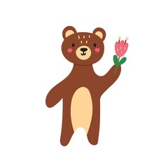 Cute brown bear with a flower. Funny forest character in standing pose. Spring and summer print in cartoon style. Vector illustration