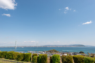 View of Akashi-Kaikyo Bridge from Awaji island in Japan.