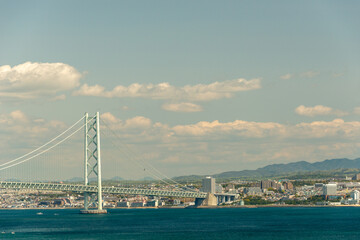 Naklejka premium View of Akashi-Kaikyo Bridge from Awaji island in Japan.