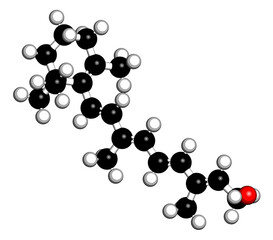 Retinyl palmitate vitamin supplement molecule. Ester of vitamin A (retinol) and palmitic acid. 3D rendering. Atoms are represented as spheres with conventional color coding