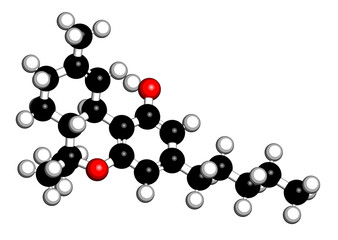THC (delta-9-tetrahydrocannabinol, dronabinol) cannabis drug molecule. 3D rendering. Atoms are represented as spheres with conventional color coding