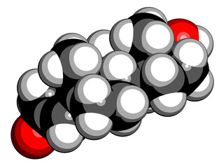 Testosterone male sex hormone (androgen) molecule. 3D rendering. Atoms are represented as spheres with conventional color coding