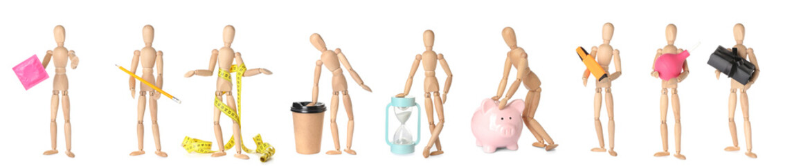 Collage of wooden mannequins with different items on white background
