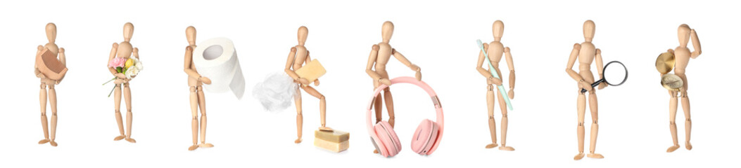 Collage of wooden mannequins with different items on white background