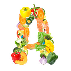 Letter A made of healthy products on white background