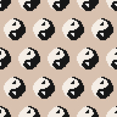 Yin Yang pixels pattern. Vector sign in black and white color.