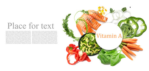 Healthy products rich in vitamin A on white background with space for text