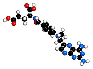 Methotrexate cancer chemotherapy and immunosuppressive drug molecule. 3D rendering. Atoms are represented as spheres with conventional color coding