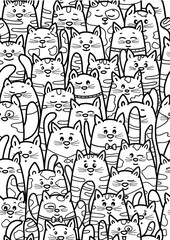 Vector cute cats cartoons, coloring page. Seamless pattern of cats cartoons.