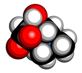 Carnitine food supplement molecule. 3D rendering. Atoms are represented as spheres with conventional color coding: hydrogen (white), carbon (black), oxygen (red), nitrogen (blue).