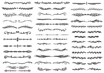 Floral and Calligraphic Ornament Elements. Hand drawn decoration, floral ornamental divider, arrows and sketch leaves ornaments. Doodle leaves and flourish divider set. Vector Illustration.